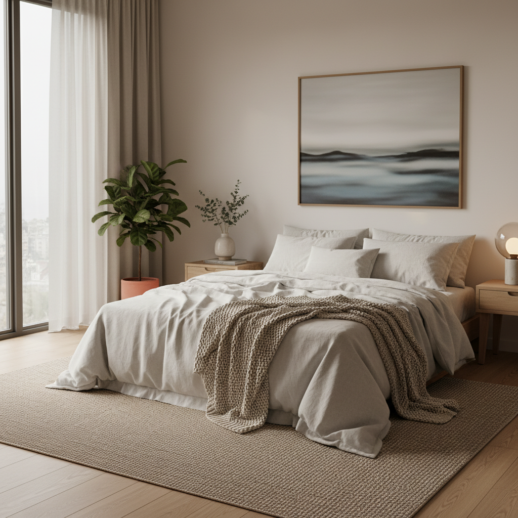 Dormitorio sereno con sábanas de lino blanco y luz natural tenue